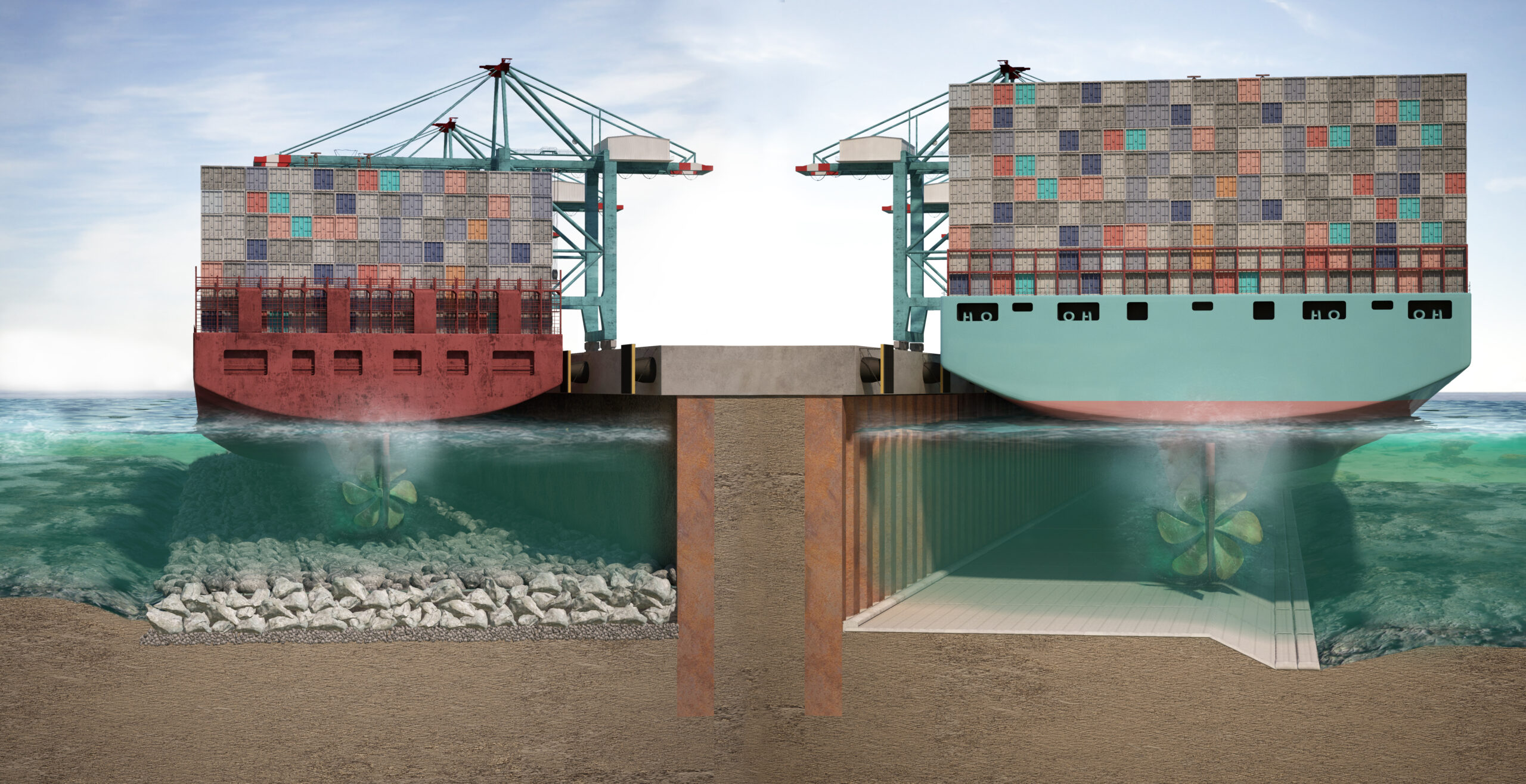 Comparison between rock armour and concrete mattress berth protection
